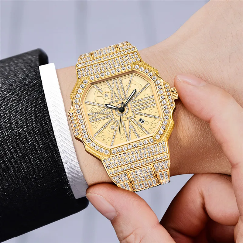 Golden Big Brand Watch For Men Fashion Alloy Band Hip Hop Diamond Calendar Quartz Designer Watches Relogio Masculino Ouro 2024