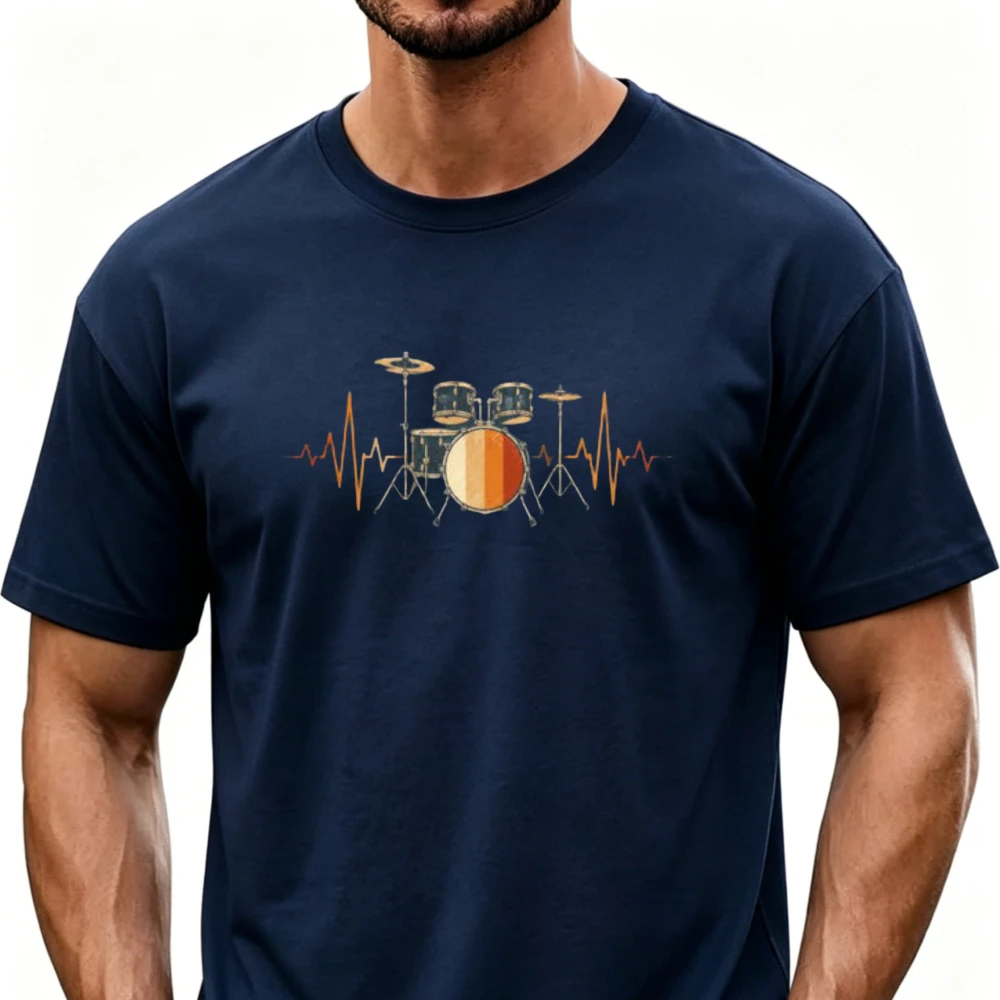 Drummer Heartbeat T-Shirt Percussionist Music Lover Tee Band Member Print Shirt Drum Kit Design Musician Drum Teacher Gift Tops