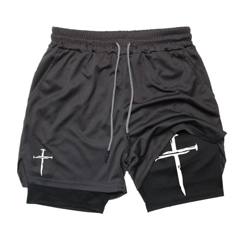 Men Fashion 2-in-1 Cross Pattern Running Training Fighting Comfortable with Mobile Pocket Fashion Gym Loose Casual Sports Shorts