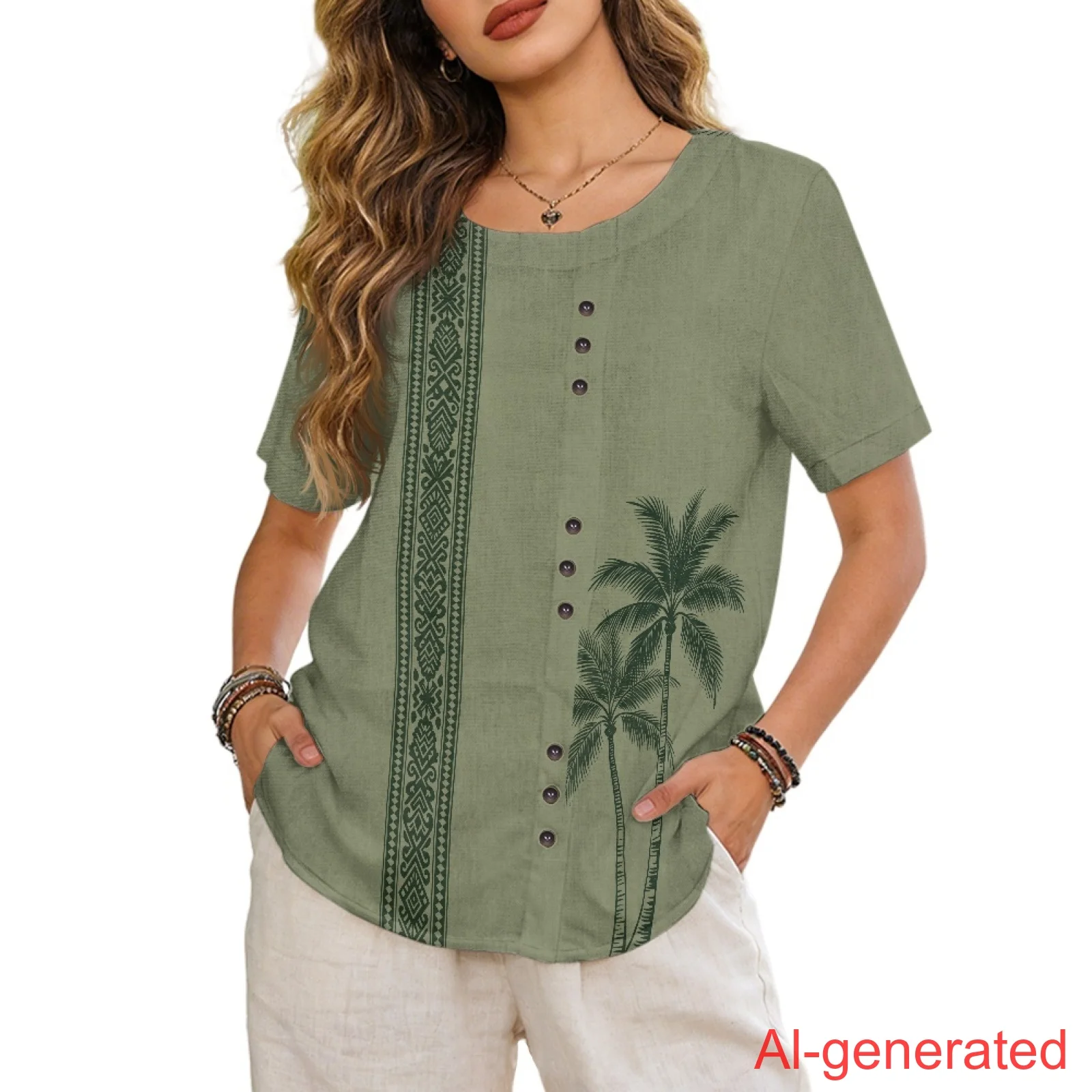 INSTANTARTS Women'S Linen Short-Sleeved Shirt Wrinkle-Resistant Breathable Lightweight Comfortable Soft Quick-Drying Beachwear