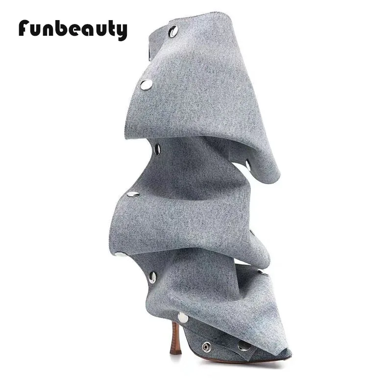 

New Women's High-heeled Pointed Metal Button Denim Splicing fashion Sexy Casual Pleated Pile Boots Knee High Boots 2024