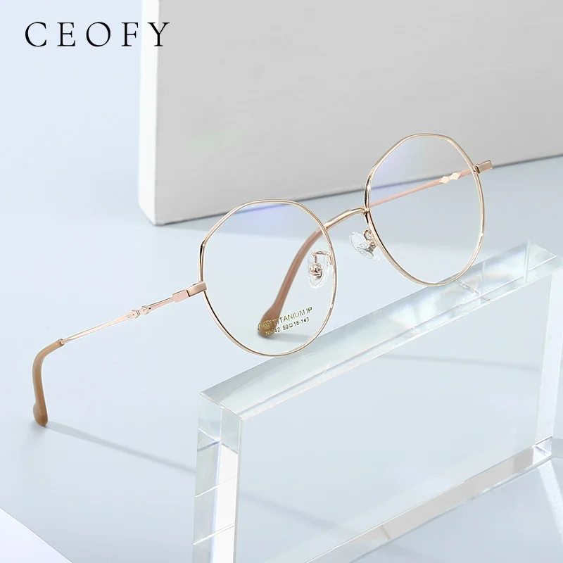 Ceofy 2022 Women Fashion Titanium Glasses Frame Retro Round Rose Gold Myopia Prescription Brand Design Eyeglasses for Female