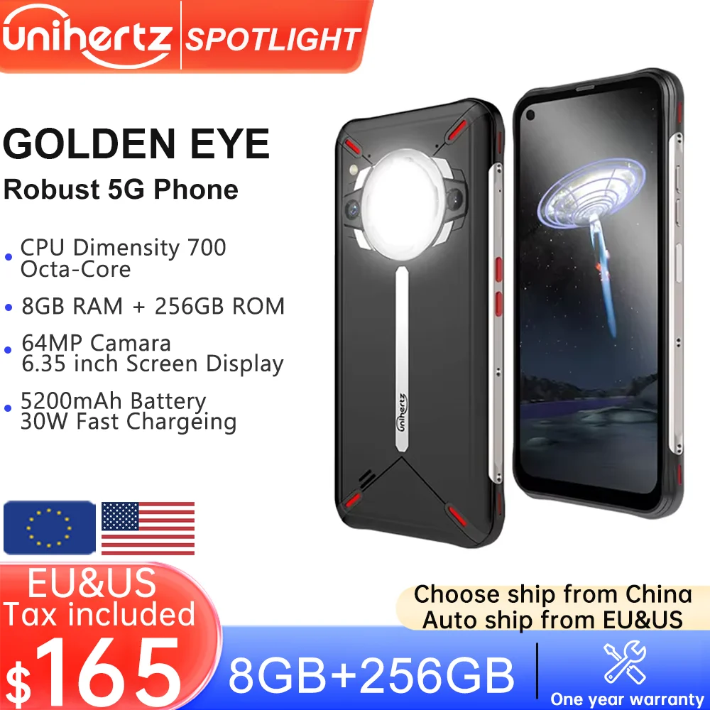 

Unihertz Golden Eye 5g Ultra Slim Rugged Smartphone Camping Light 8GB 256GB 64MP Camera Cell Phone, Mobile Phone,30W ,5200mAh