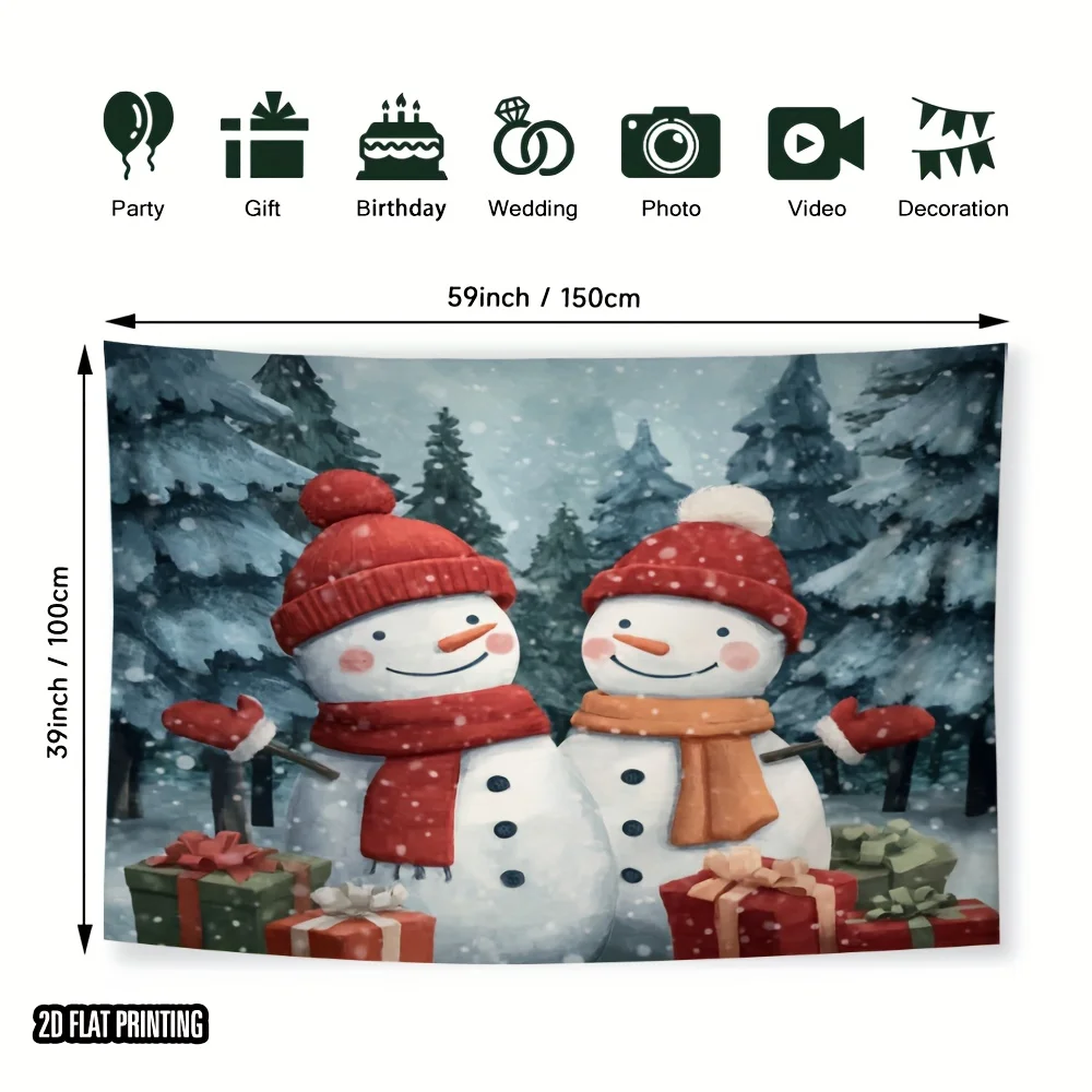 2D Flat Print 1pc Tapestry, Two Cute Snowmen With Gifts Forest Wall Hanging, Christmas Tapestry, Bedroom Decor, Room Accent