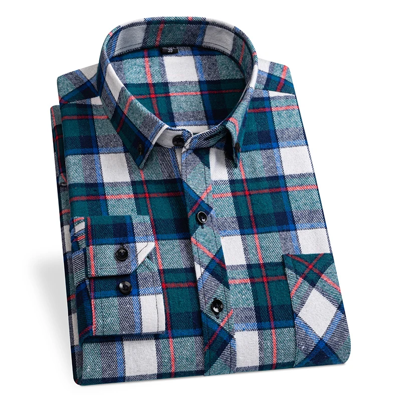 New Men's Long Sleeve Casual Shirt Cotton Flannel Plaid Front Pocket Fashion Warm Clothing Businessman Winter Daily Chic Shirts