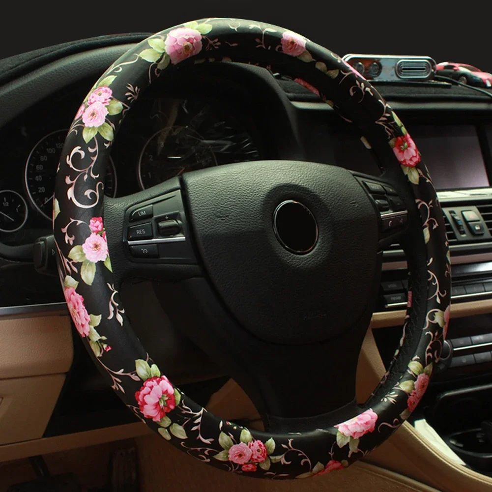 Chinese Style Peony Floral Print Car Steering Wheel Cover Leather 38cm Universal Auto Styling for Women Girls