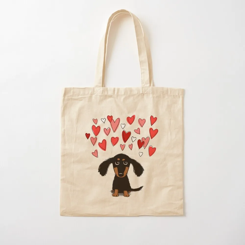Cute Dachshund Puppy Dog with Valentine Hearts Tote Bag custom bags canvas shopping bag Women's shopper