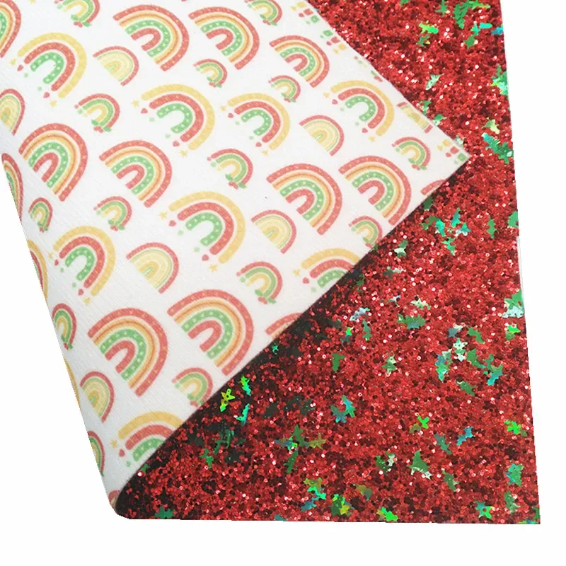 Red Green Tissel Glitter Leather Sheest elfs Rainbow Printed Synthetic Leather Glitter Leather Vinyl For Bow DIY 21x29CM Q1623