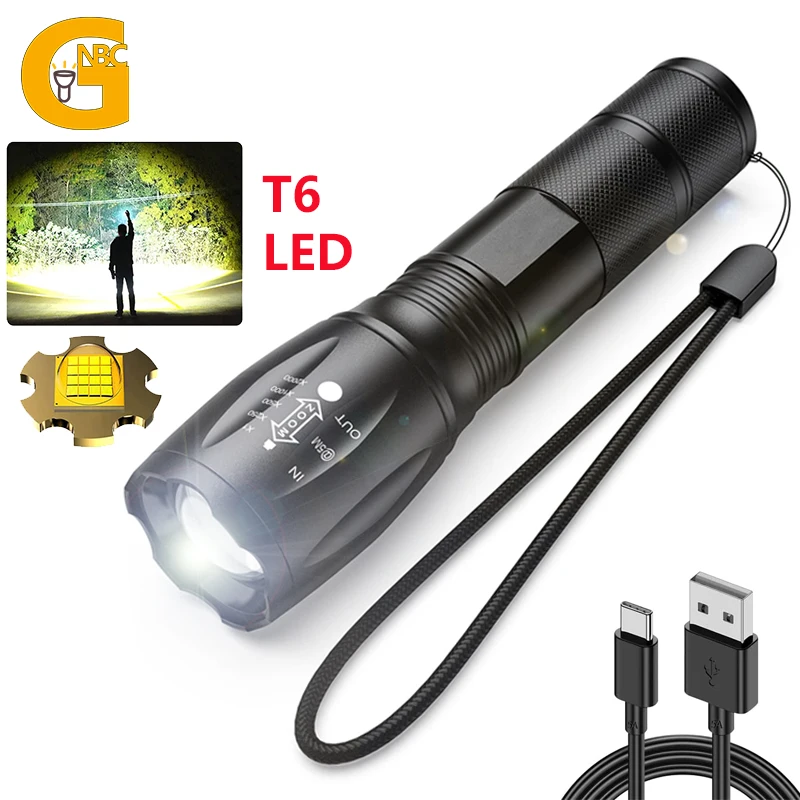 T6 LED Flashlight USB Rechargeable Portable 10000 Lumens 3 Modes Waterproof Zoomable Tactical Flashlight Outdoor Hiking Camping