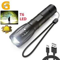 Linterna LED portátil T6, recargable por USB, 10000 lúmenes, 3 modos, impermeable, con zoom, táctica, para senderismo al aire libre y Camping