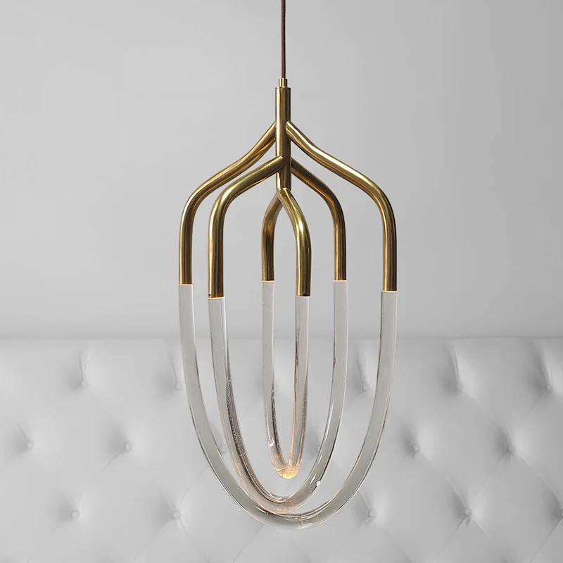 Nordic light luxury creative all-copper chandelier, postmodern restaurant bar cafe cage type personalized acrylic chandelier