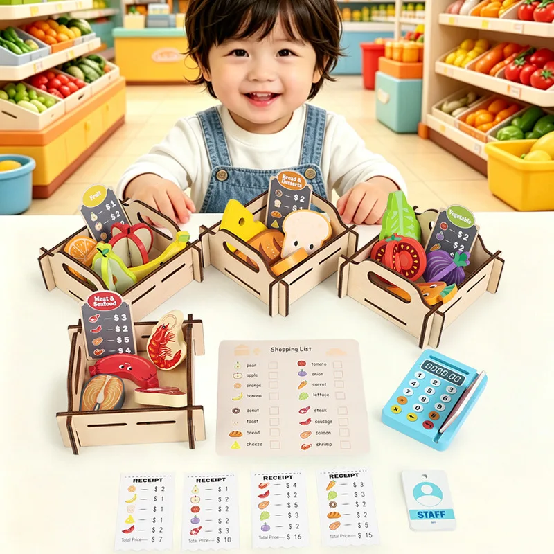 Wooden Supermarket Pretend Play Set, Kids Simulation Fruit Vegetable Cash Register Toy, Montessori Educational Role Play Gift