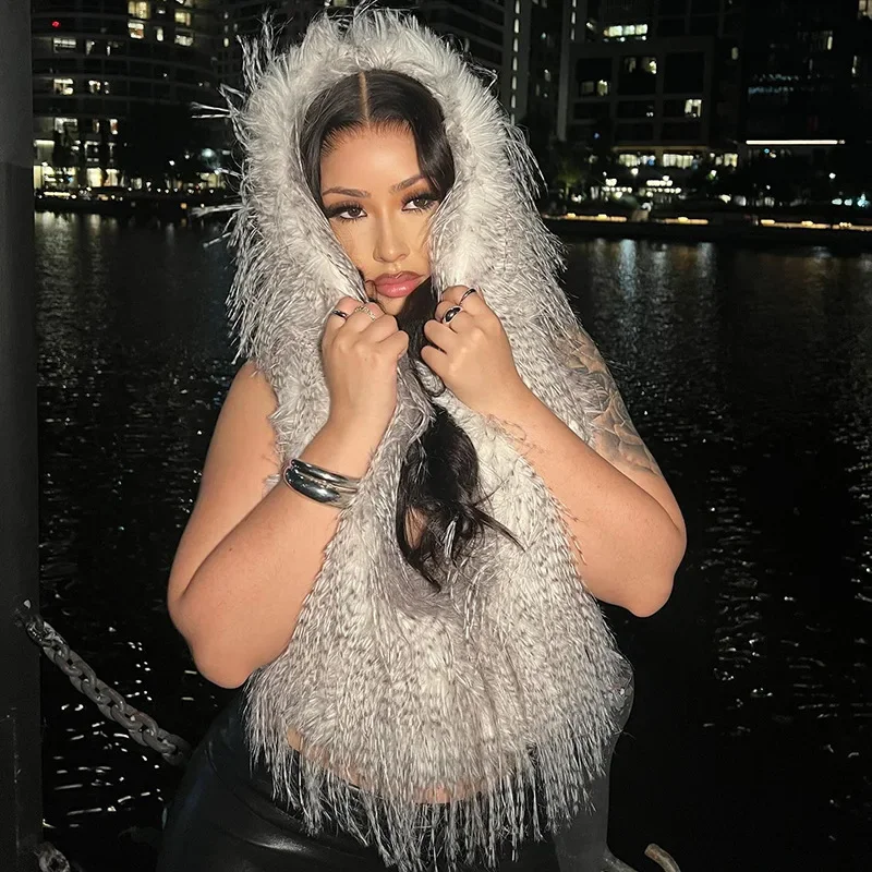 Fuax Fur Hooded Vests Coat 2025 Fall Winter Women Fashion Sexy Deep V Neck Sleeveless Backless Furry Jackets Warm Outwear Tops