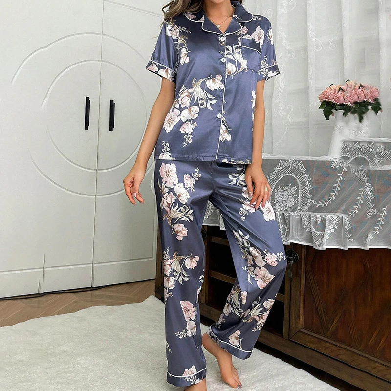 Women\'s Pajamas Pj Set Luxurious Satin Sleepwear Short Sleeve Button Up Top with Lapel Collar & Elastic Waist Pants Pyjama Femme