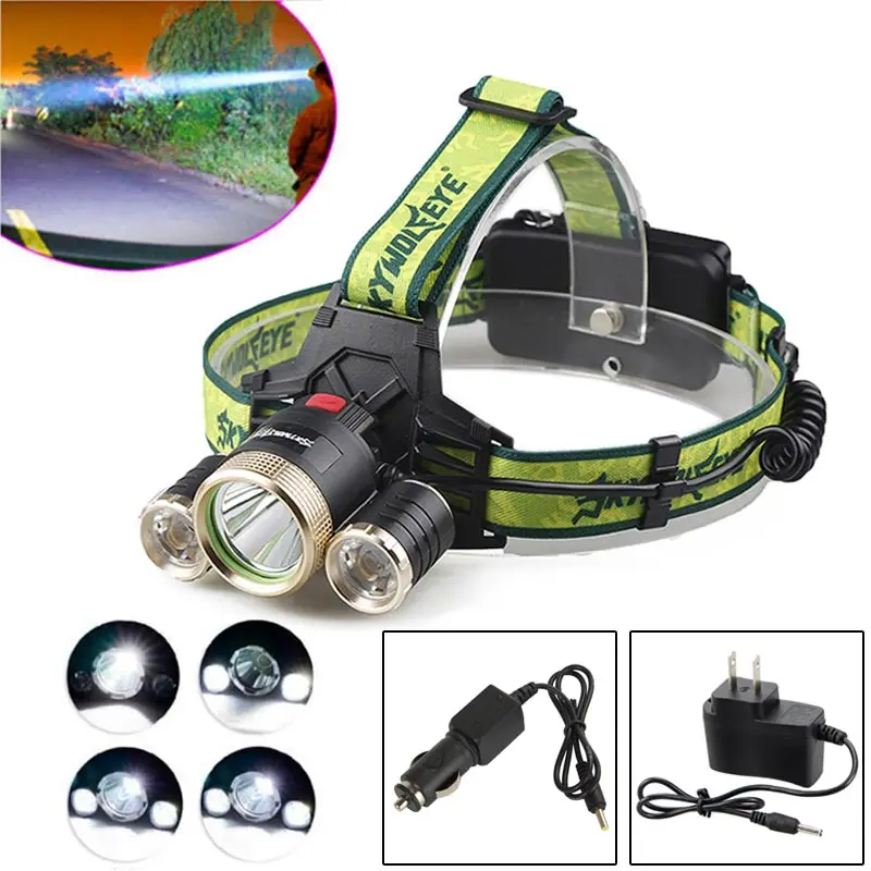 

1200LM 3 LED Headlamp 5W High/Low/Strobe Rechargeable 18650 Flashlight Head Light with Direct Charger and Car Charger