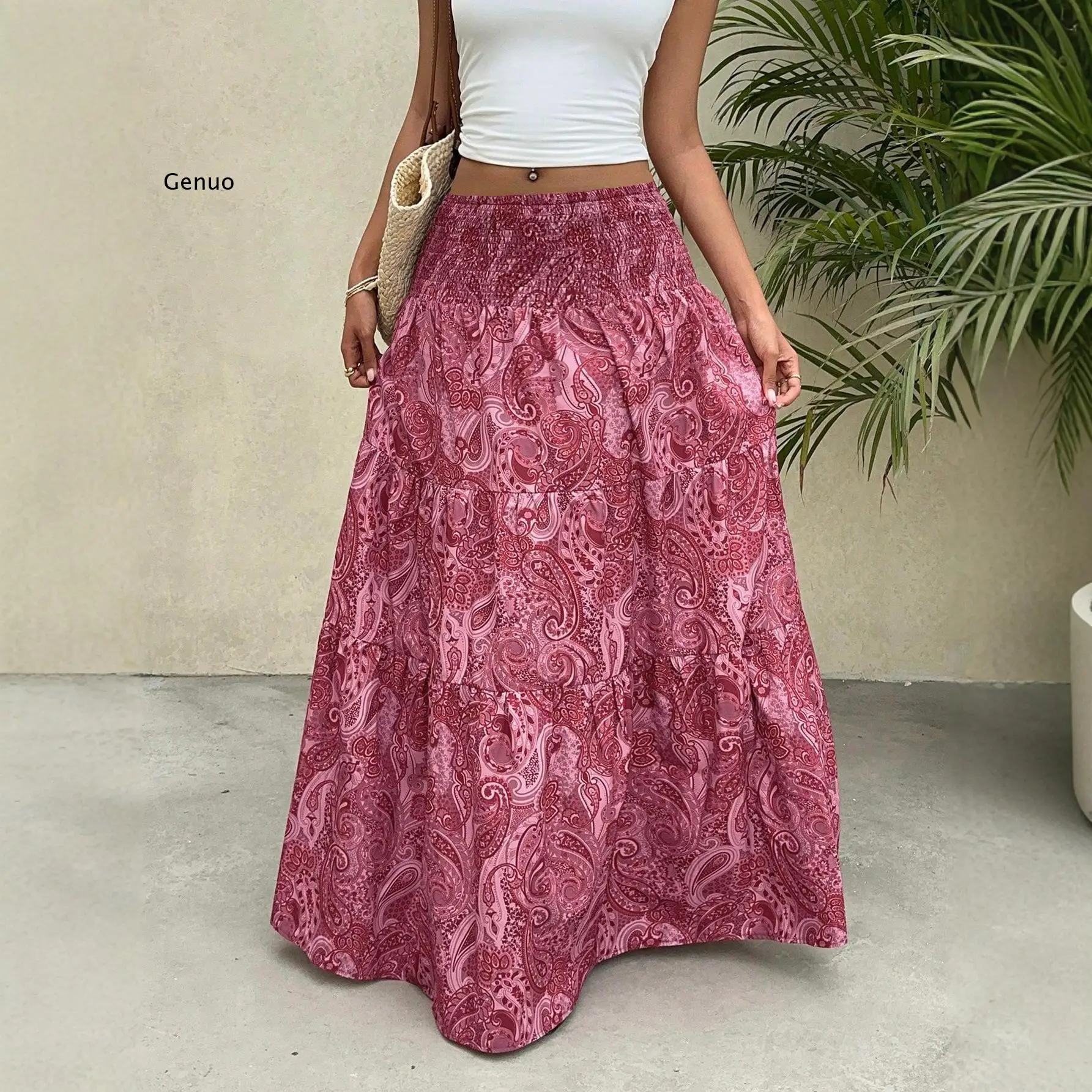 2026 Women Paisley Print Maxi Skirt Elastic Waist Tiered Long Skirt for Beach and Casual Wear