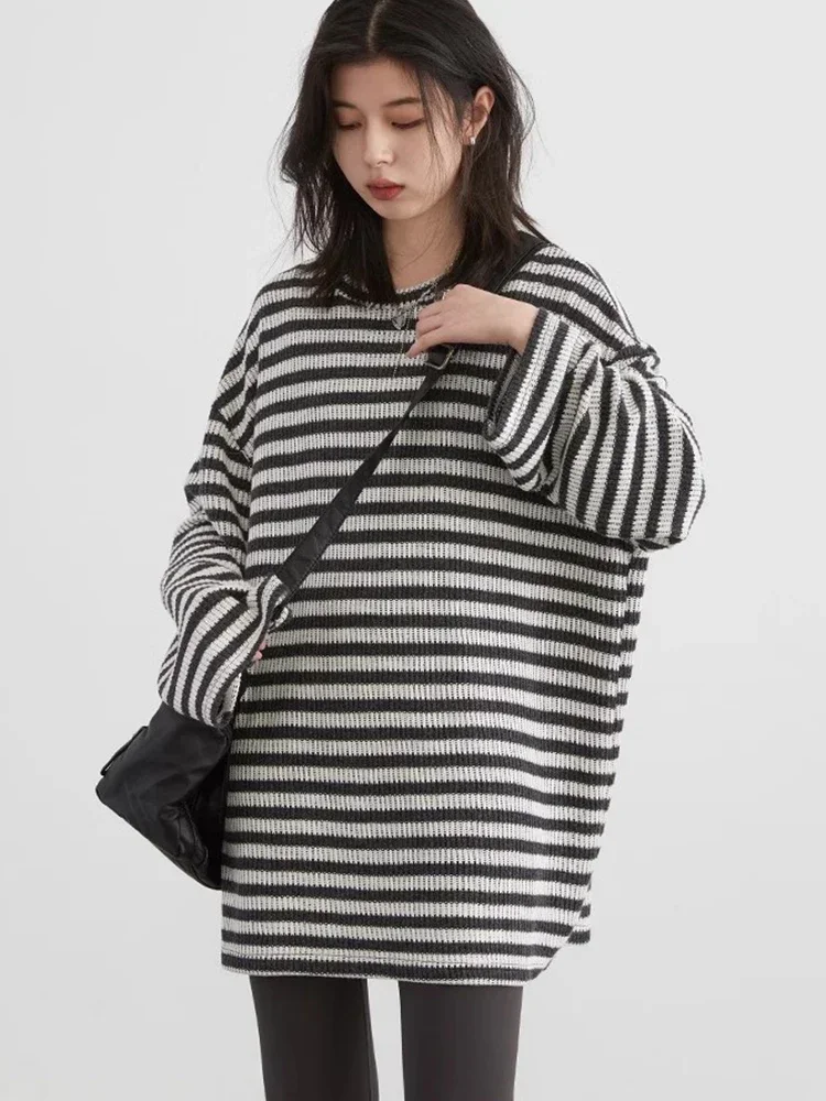 CHIC VEN Women T-Shirts Loose Casual New O Neck Knit Striped Long sleeved Female Tees Oversized Woman Top Spring Autumn 2024