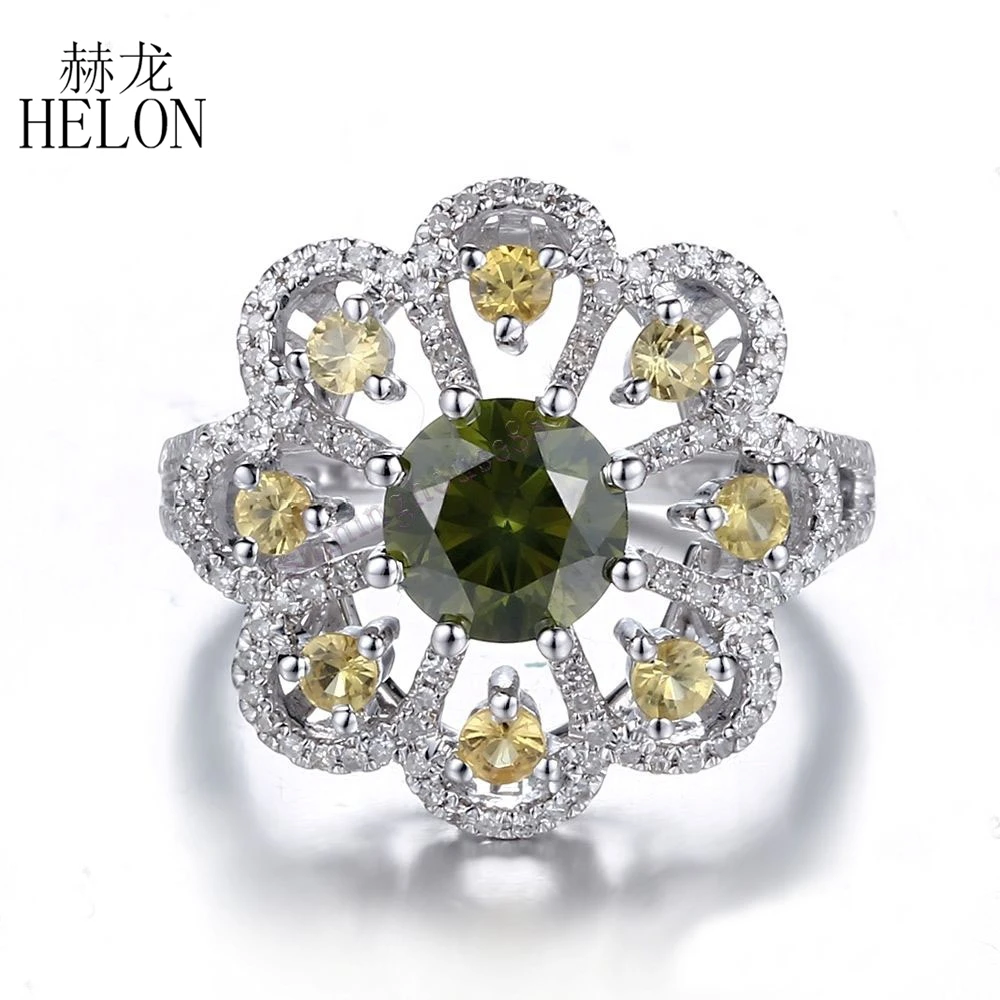 

HELON Round 2.42ct Chrome Diopside Citrine Solid 14K 10k White Gold Ring Real Diamond Engagement Ring Women Flower Jewelry Gift