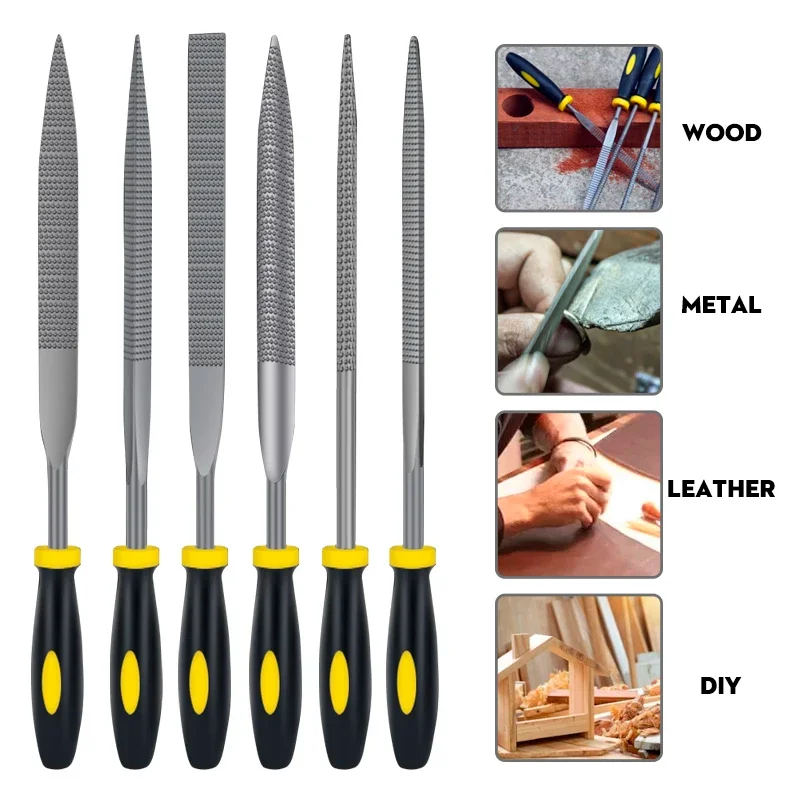 6Pcs Mini Needle File Set High-Carbon Steel Wood Rasp for Metal/Plastic/Carving Ergonomic Rubber Handle DIY Craft Tools