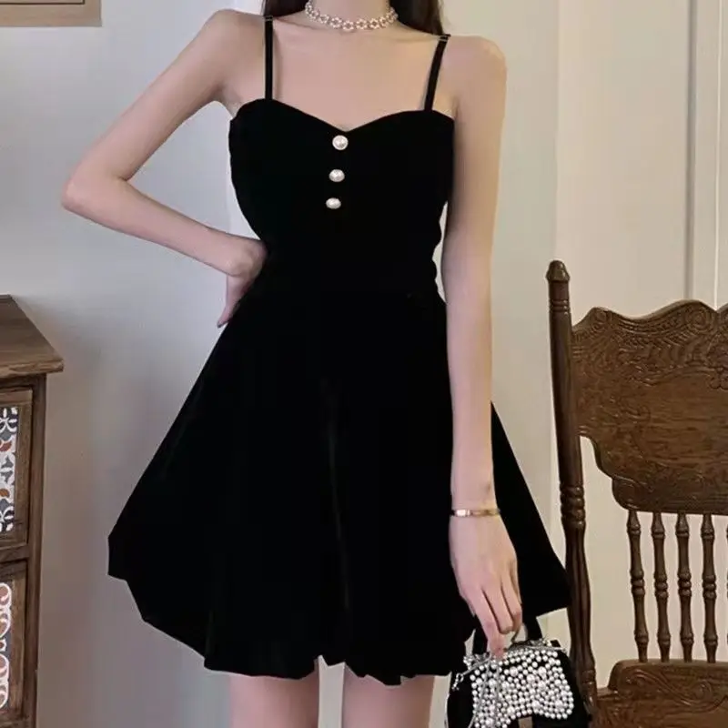 Black Velvet Hollow Out Sexy A-line Dresses Women's Sling Suit Slim Evening Dresses Autumn Winter 2023 Button Waist Mini Dresses