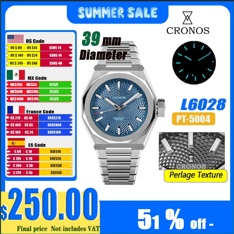 Cronos novo losango perlage 39mm dial pt5004 miyota 90s5 transparente caseback masculino relógios de pulso automáticos 10atm luminoso