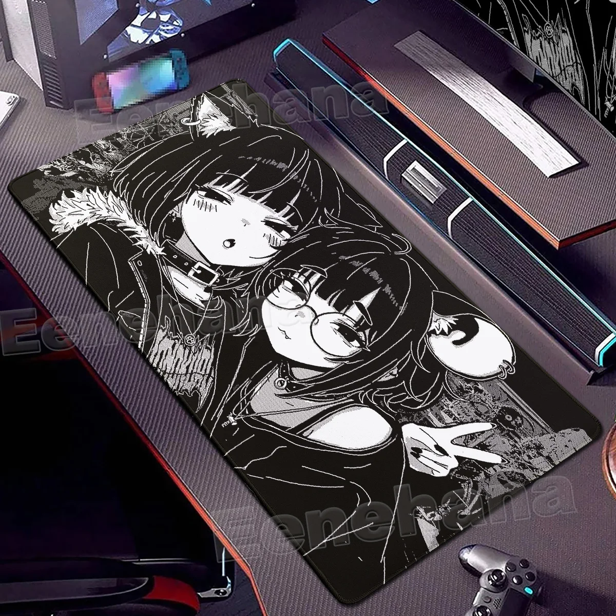 Anime Pixel Girl Rubber Mouse Pad Large Office Non-Slip Kawaii Desk Accessories Black & White Computer HD Locking Edge Desk Mat