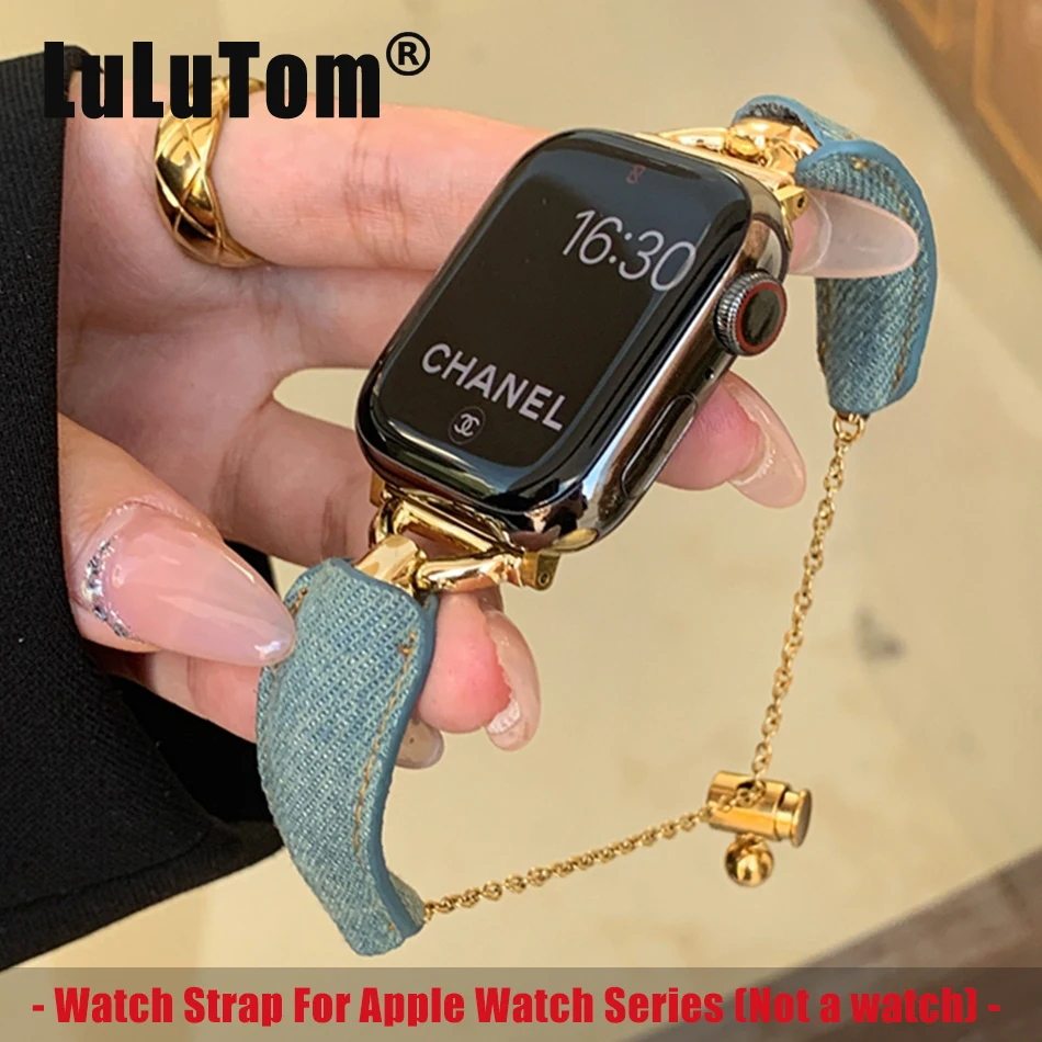 Denim Bracelet Strap For Apple Watch Series 9 8 7 6 5 SE 4 3 38/40/41/42/44/45mm Luxury INS D Metal Band For iWatch UItra 2 49mm