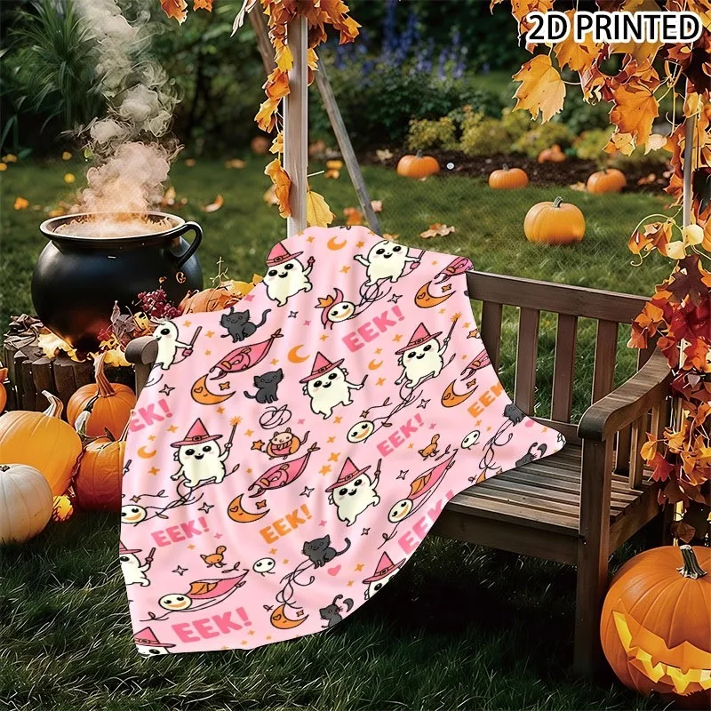 Playful Pastel Pink Halloween Print Throw Blanket, Cute Cartoon Spooky Characters & Star Moon Pattern, Cozy Soft Warm Blanket wi