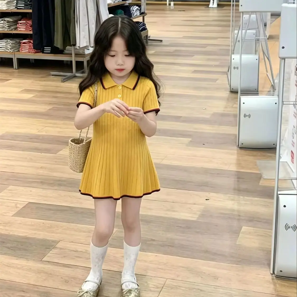 

Girls' Summer Yellow Polo Neck Knitted Short Sleeve Dress New Children's Waist up A-line Dress 0 2 4 6 7Y