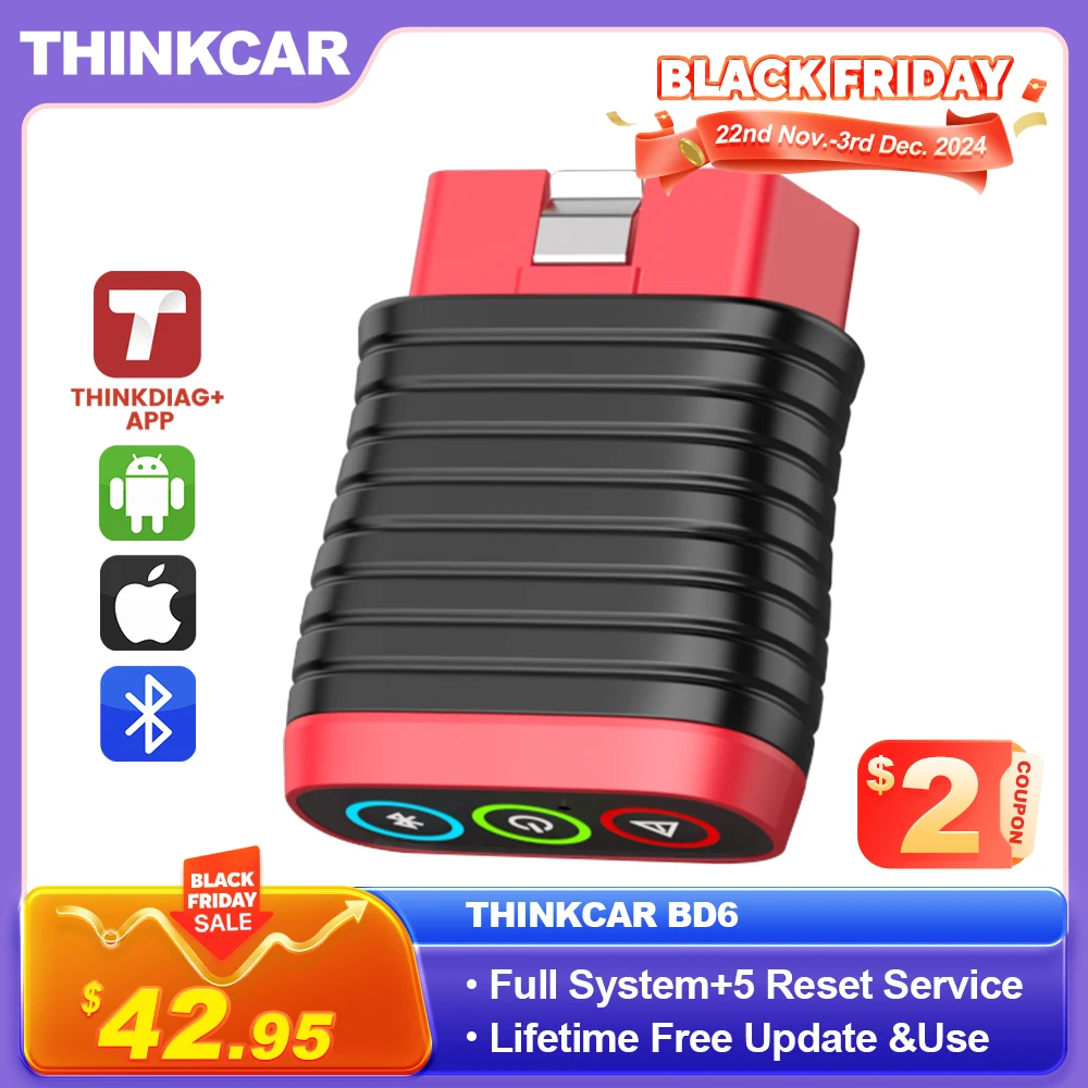 THINKCAR BD6 obd2 Scanner Bluetooth, Wireless All System Diagnostic Tool for iOS & Android, 5 Hot Reset Free Car Code Reader