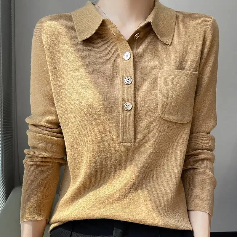 

Women 100% Pure Merino Wool Soft Sweater Polo Collar Pullover Autumn Winter Casual Knit Tops Solid Color Regular Female Knitwear