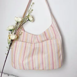 Fashionable and High Appearance Striped Handbag Fresh Sweet Girl Shoulder Bag Casual Commuting Outgoing Tote Bag