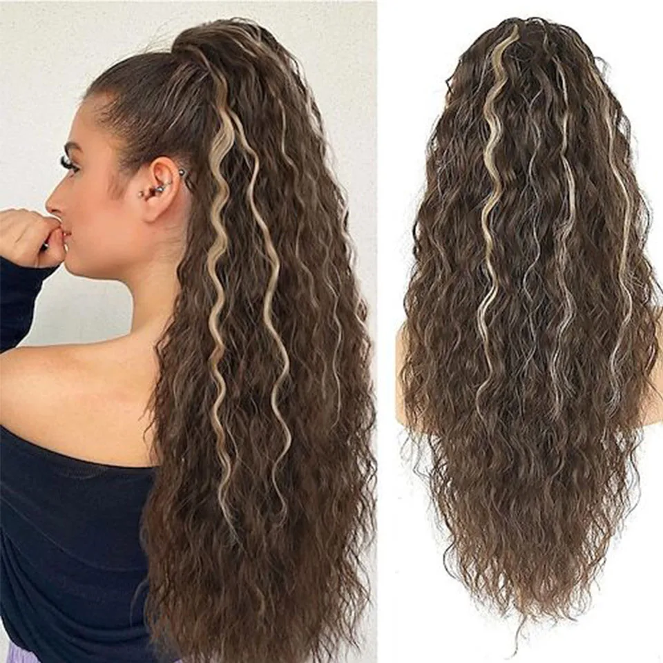 

Wavy Omber Brown Hair Ponytail Extension for Women Long Synthetic Wavy Ponytail Drawstring Natural Clip In Hairpieces for Women