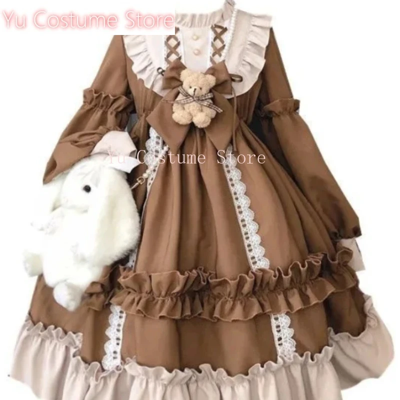 

2025 New Kawaii Sleeve Bear Bow Japanese Korean Long Sleeve Dress Casual Full Set Loose Lolita Dresses Fashion Long Sleeve Women