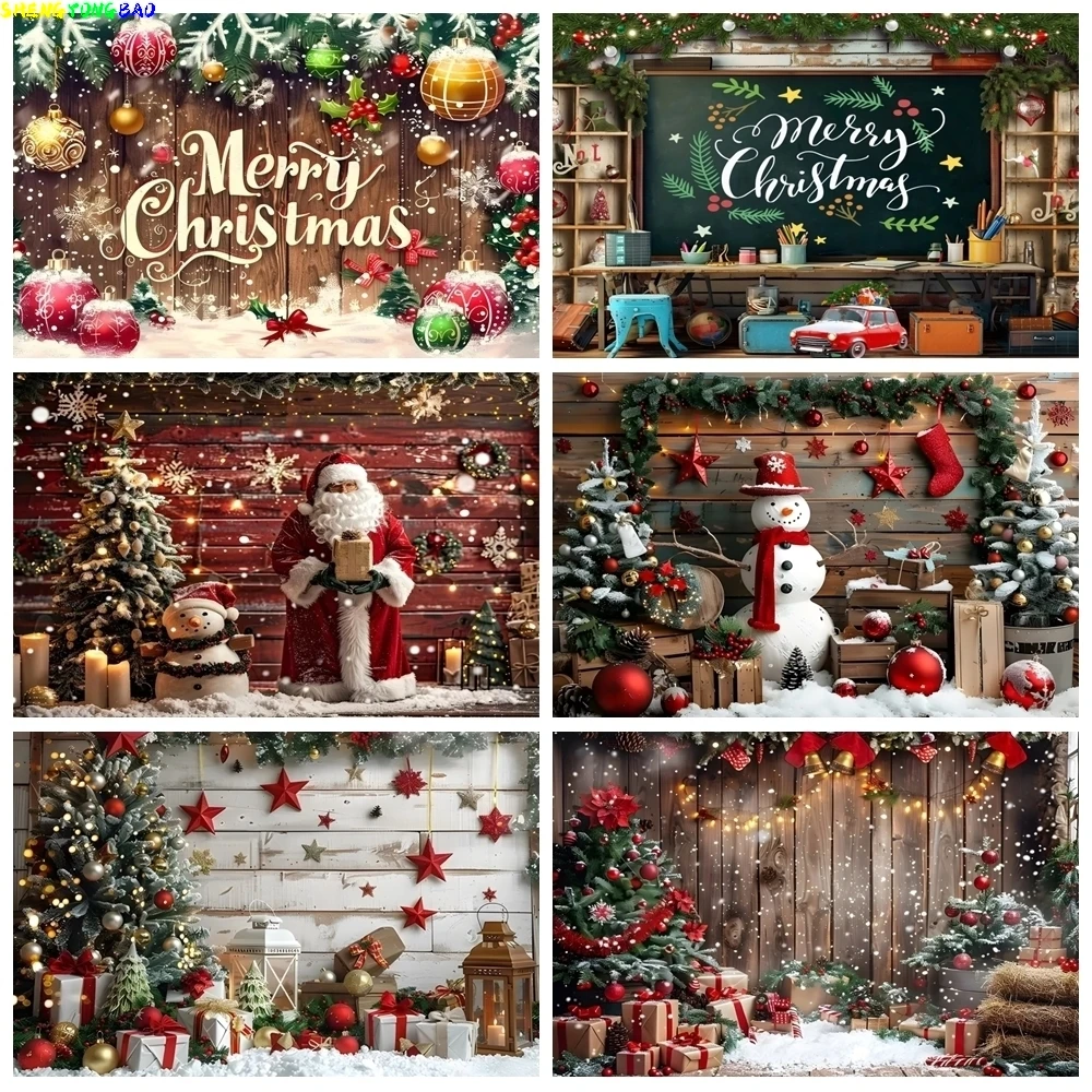 Toile de fond de Noël d'hiver, planche de bois, mur, bonhomme de neige, cheminée, arbre de Noël, cloches, cadeau, famille, fête, photographie, décor de fond