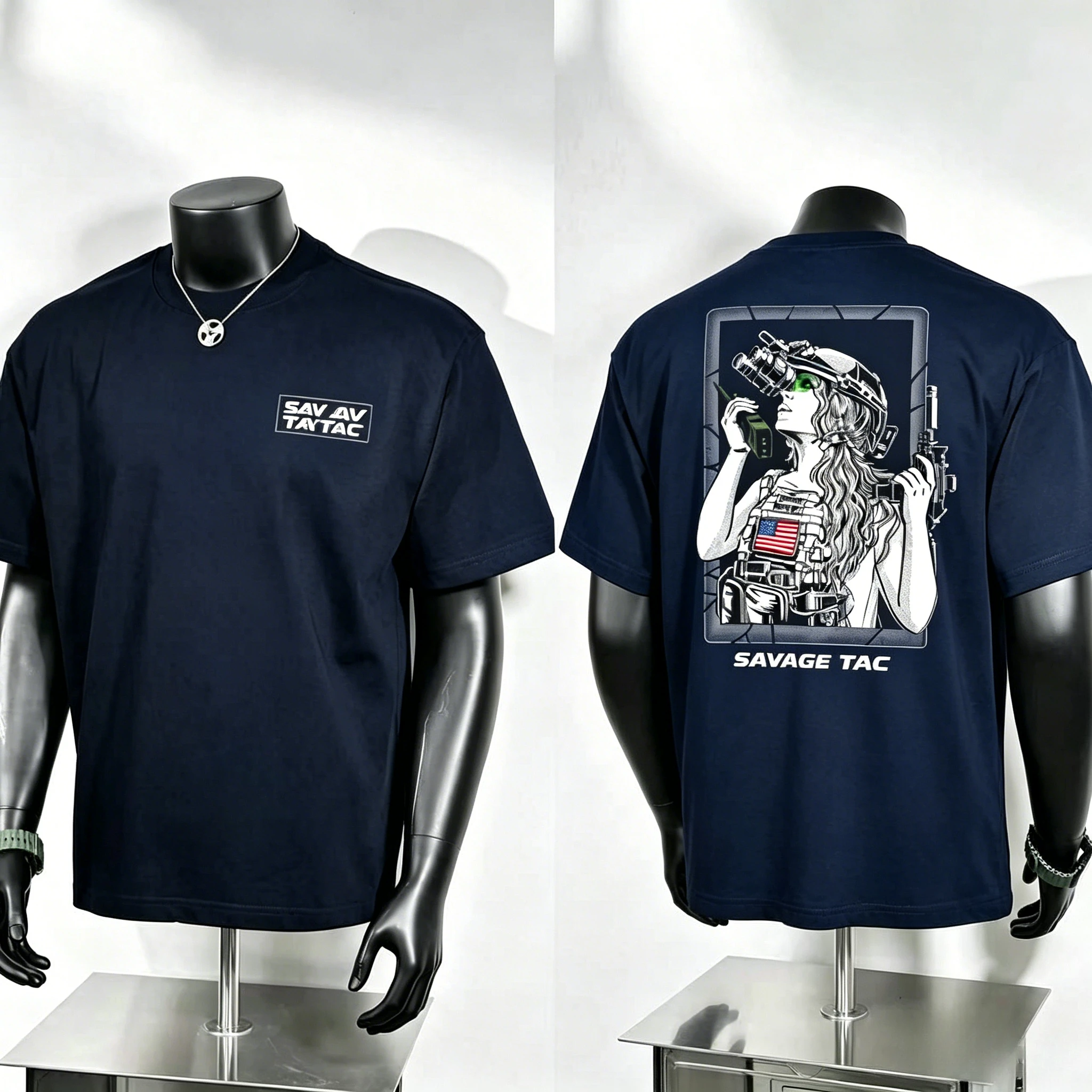 Savage Tac Graphic T Shirt, Mini Distorted Letter Chest Badge and Large Framed Female Tactical Operator with Night Vision