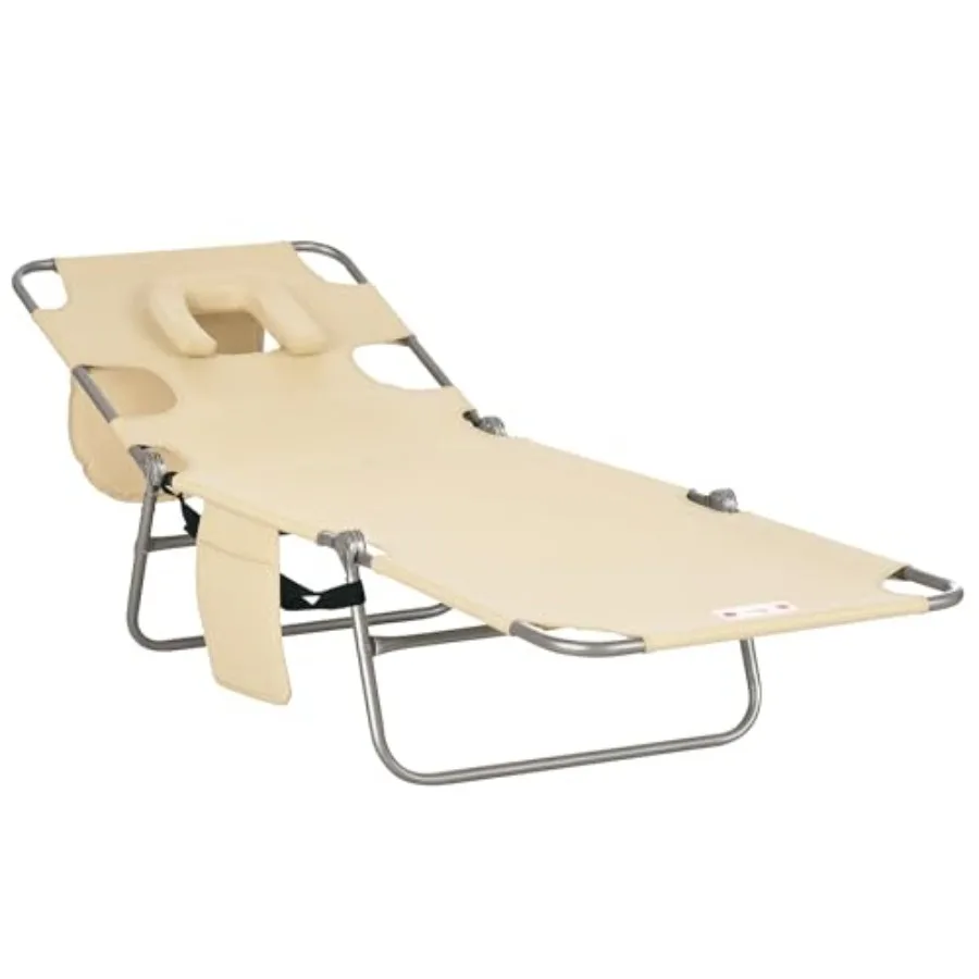 Outdoor chaise lounge chair with face arm hole, 5-position reclining tanning chair in weather-resistant fabric, beige, portable