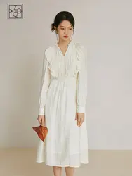 ZIQIAO V-Neck Women White Mid-Length Dress Long Sleeve Ruffle Design Sweet Spring Dress 2023 Commuter Women A-LINE Skirts