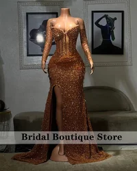 Sexy Sparkly Gold Prom Dress Sweetheart With Sleeves Side Split Beading Crystals Birthday Party Evening Gowns Wedding Customized