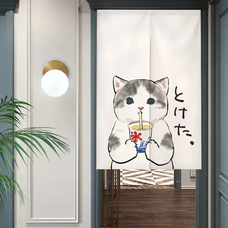 VIKAMA Cartoon Cat Linen Noren Curtain, Privacy Divider Half Door Curtain for Kitchen Closet Bedroom Home Decor