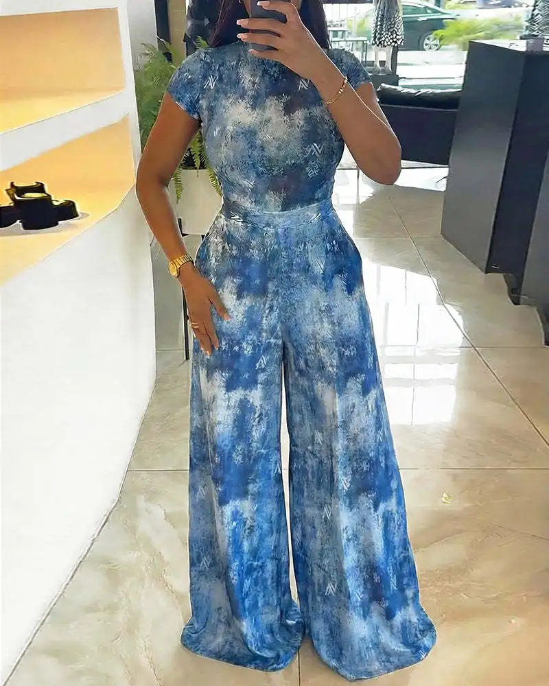 Mono largo de verano con estampado, cuello alto, manga corta, pantalón palazzo de pierna ancha, elegante, informal, para fiesta, formal, con detalle en la cintura
