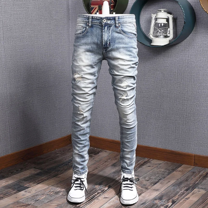 Italian Style Fashion Men Jeans Retro Light Blue Stretch Slim Fit Ripped Jeans Men Vintage Patched Designer Casual Pants Hombre