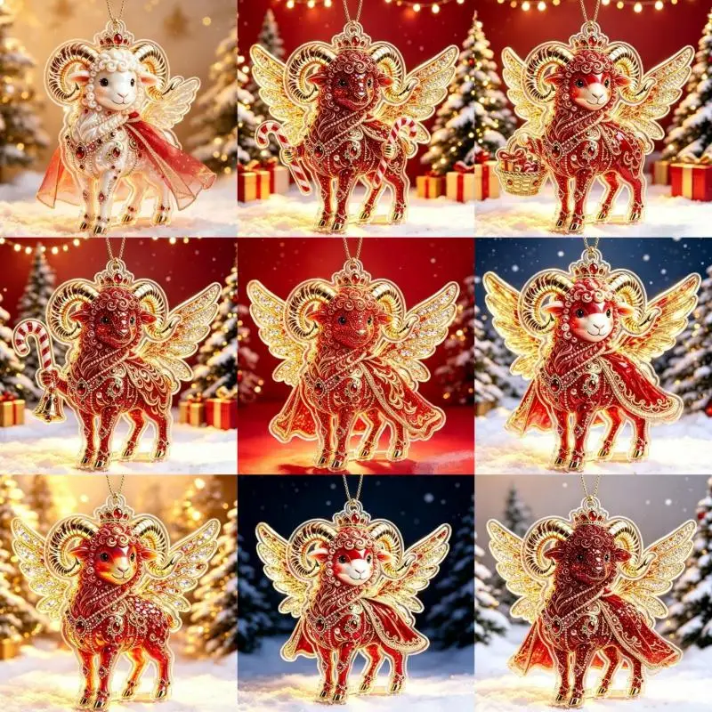 Chinese Zodiac Goat Hanging Ornament 2D Acrylic Auspicious Red Gold Craft for Lunar New Year Holiday Gift Home Decor