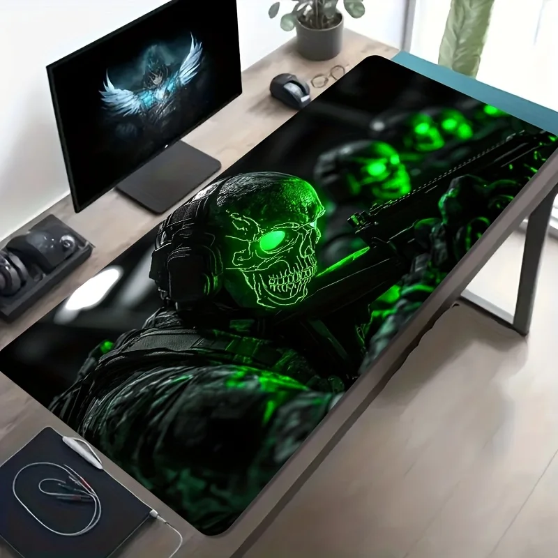 Large Green Skull Warrior Art Gaming Mouse Pad Non-Slip Washable Rubber Desk Mat Office Decor Gift for Gamers