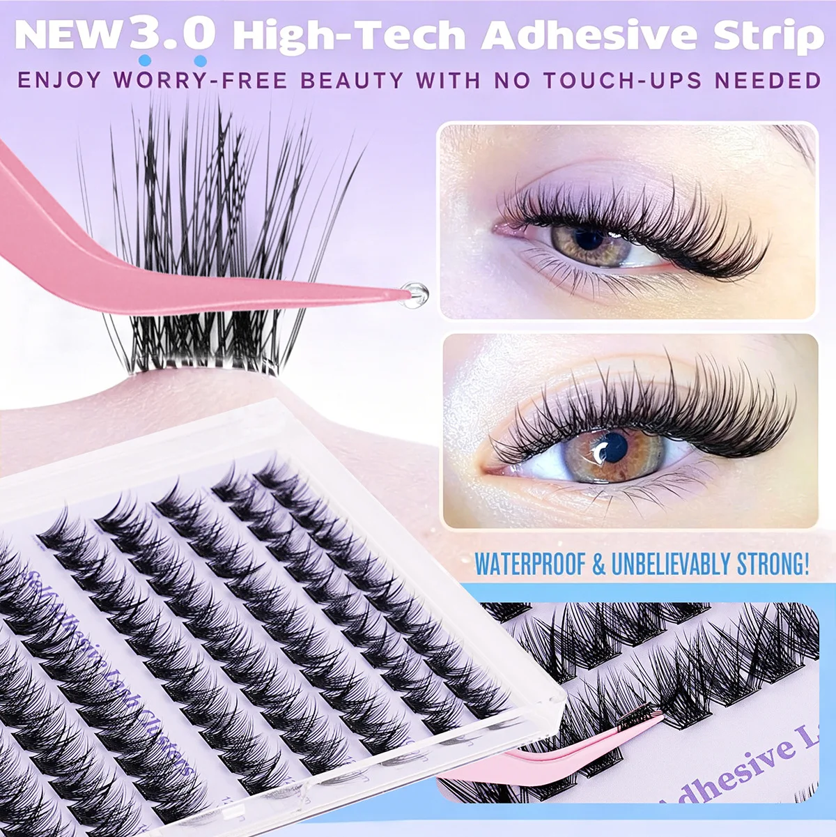 120 Clusters Self Adhesive Glue-free Cluster Lashes | No Glue Dense Large Tray Eyelash Extension Set