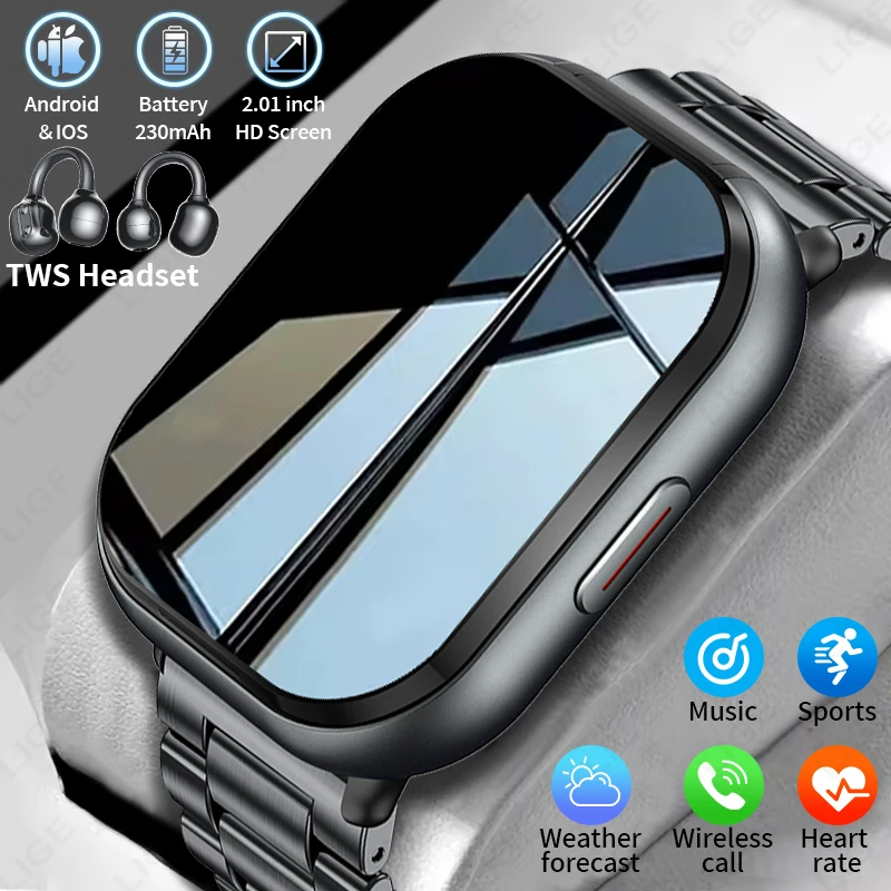 

LIGE Heart Rate Sport Fitness Smartwatch with Earphones 2.01" HD Screen 2 In 1 Bluetooth Call TWS Headset Smart Watch Men Women