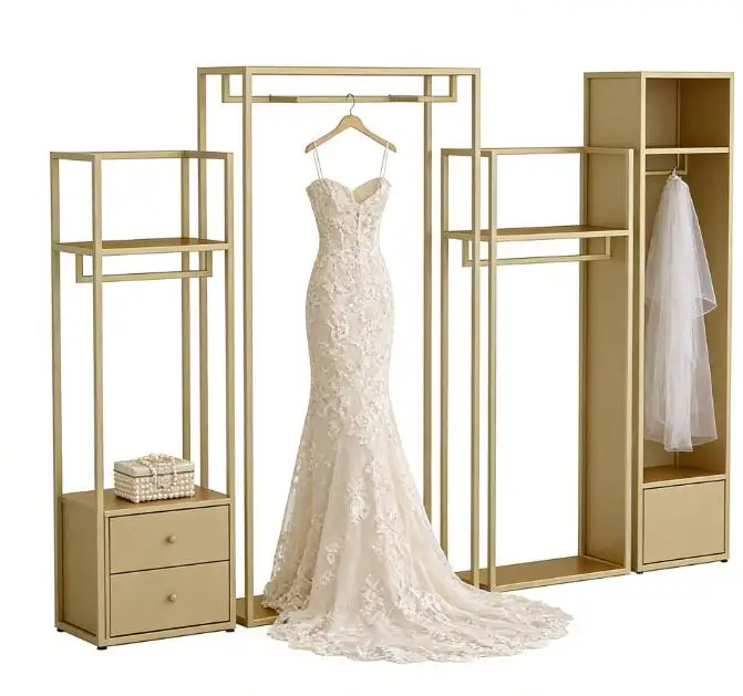 Gold Double Layer Clothes Hanger Stand for Men's & Women's Clothing Store Combination Floor Display Wedding Dress Display Stand