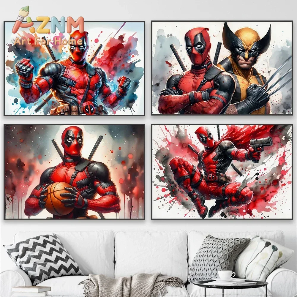 AZNM Deadpool Wolverine Watercolor Splash Canvas Wall Art Frameless Poster Superhero Action Portrait Print Boys Bedroom Decor