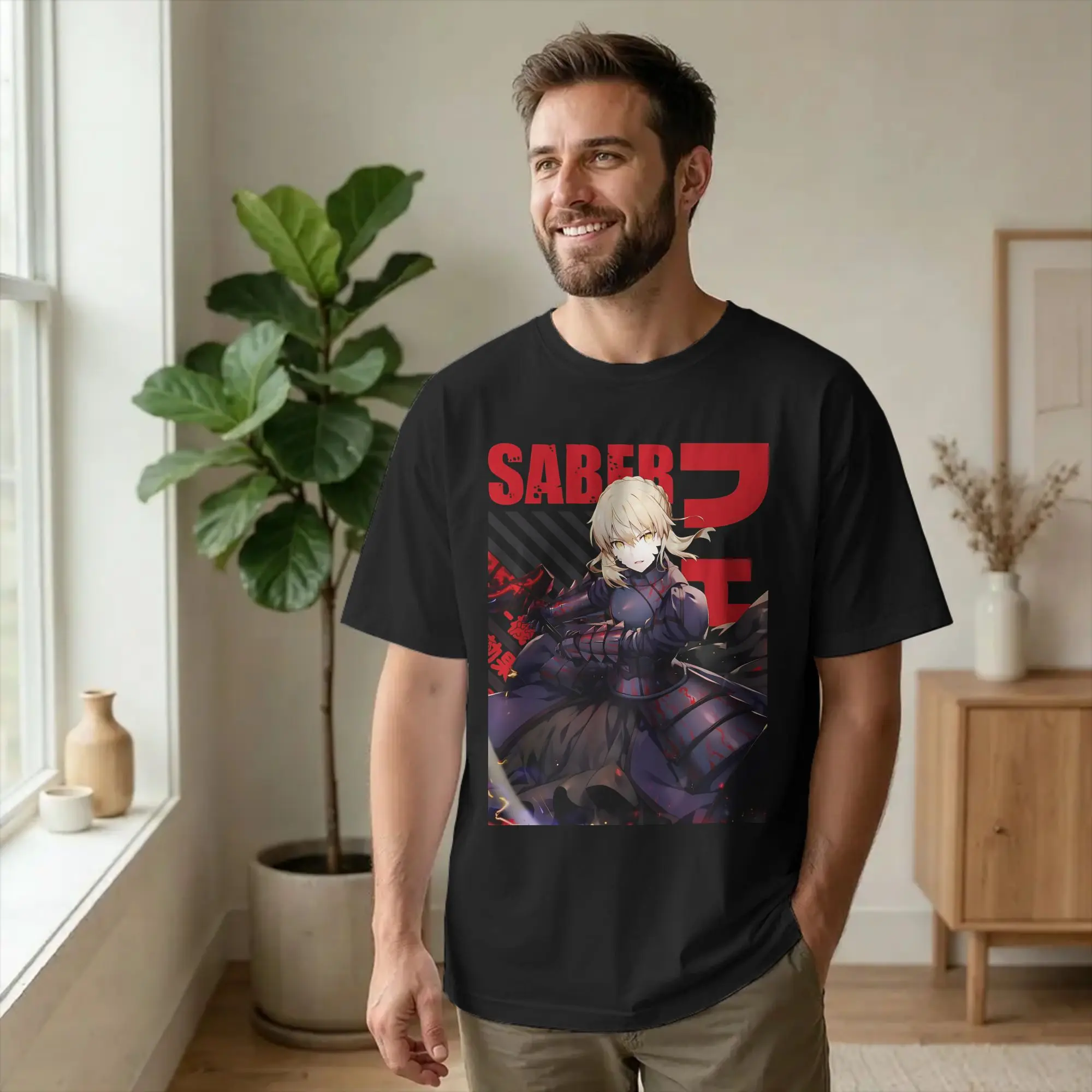 Novelty Fate Stay Night Anime Saber Alter  Tshirt Men's Round Neck Short Sleeve Tops  Cotton Summer Tops Shirts
