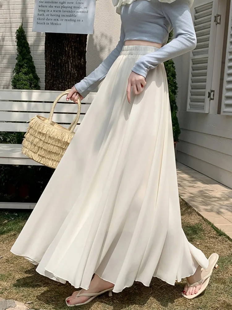 Pink Chiffon A-Line Midi Skirt Women's Spring Summer High Waist Cover Hip Umbrella Skirt Sweet Fairy Tale Style Commute Wear
